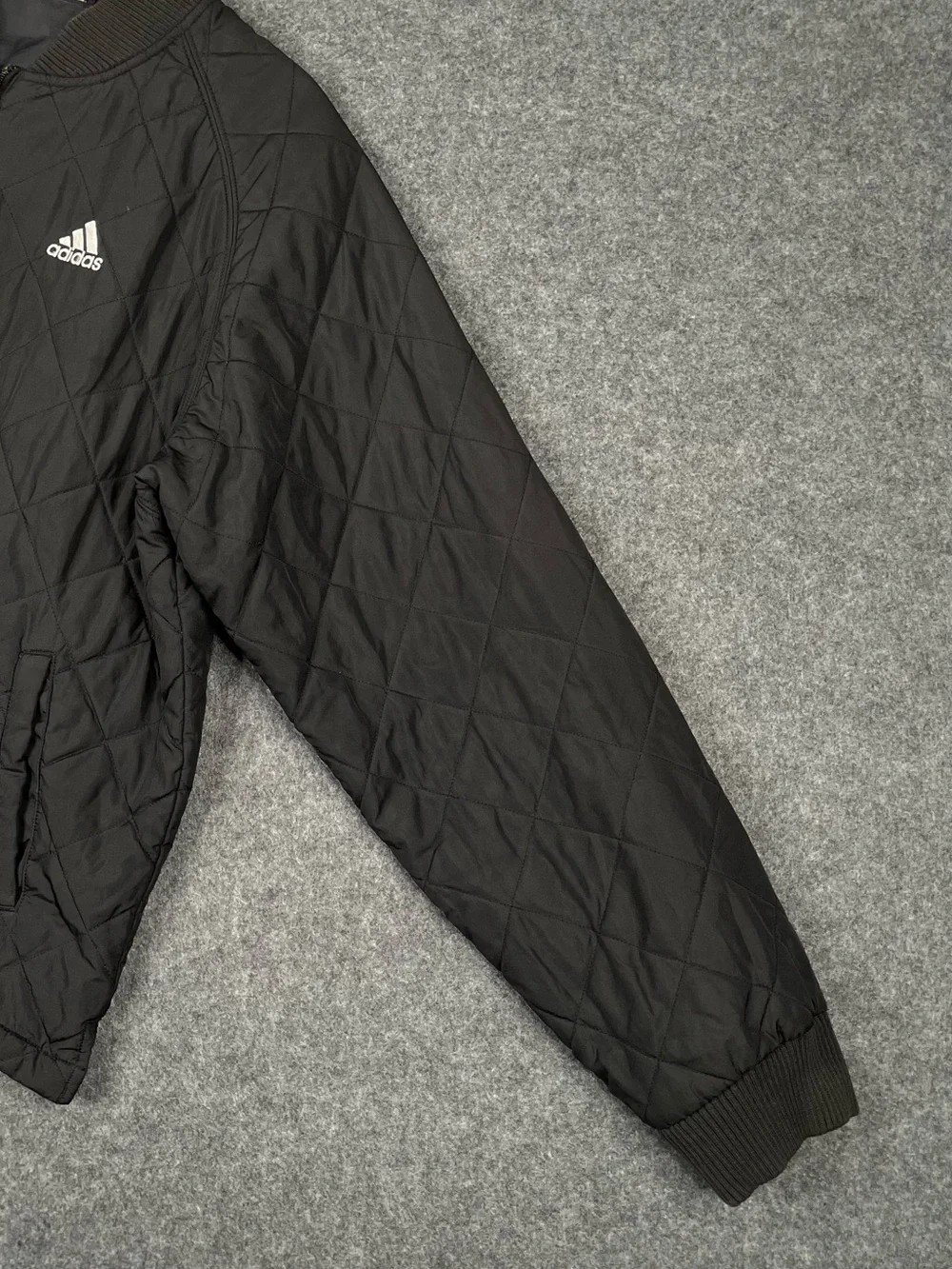 Adidas Quilted Bomber Jacket Mens Large Black Tricot Logo 3 Stripes Full Zip